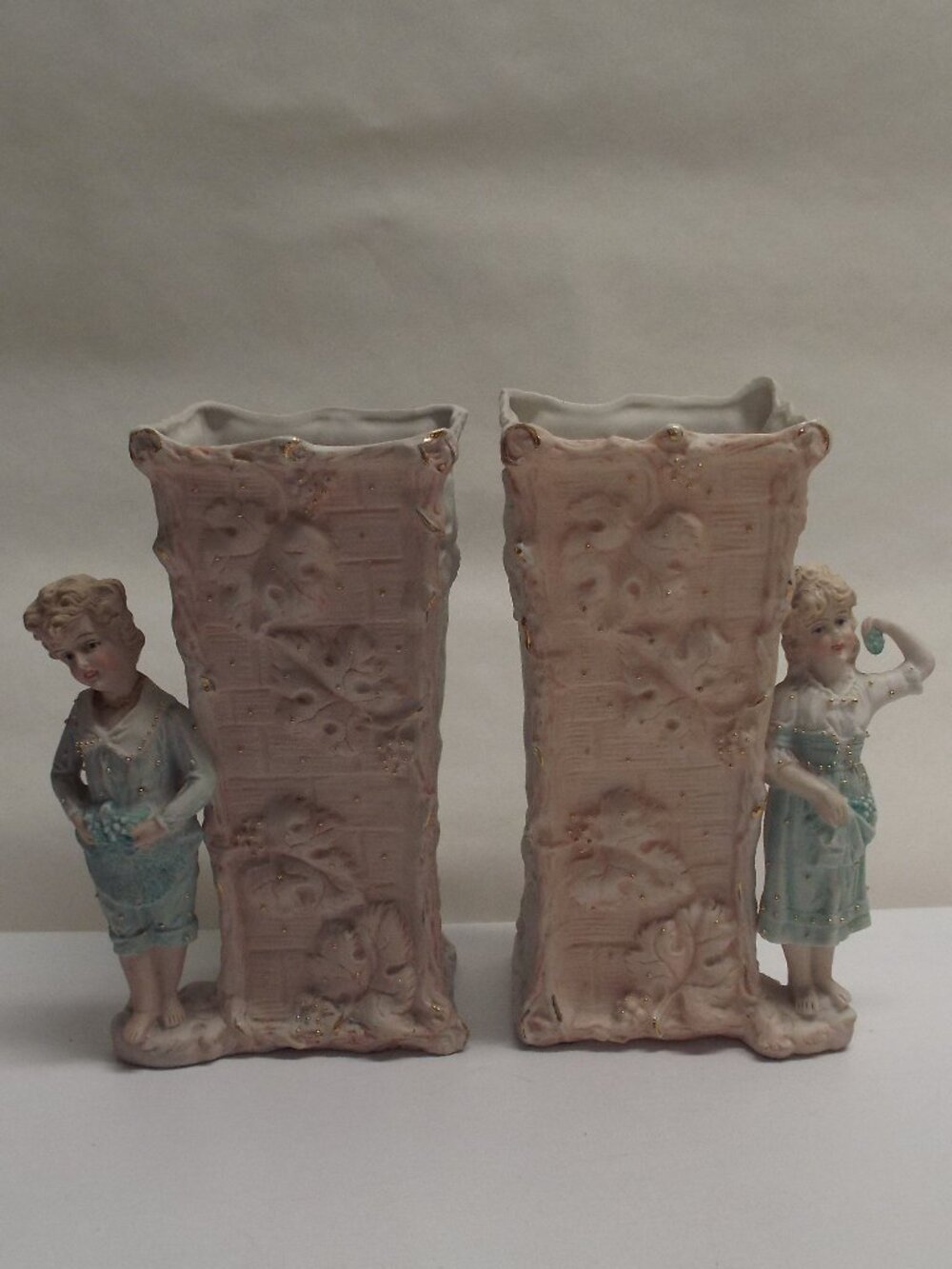 ANTIQUE Complete Pair of German Bisque Porcelain Spill Vases - Boy was repaired